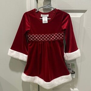 Bonnie Jean Sparkly Red Velvet Holiday Dress with White Trim
